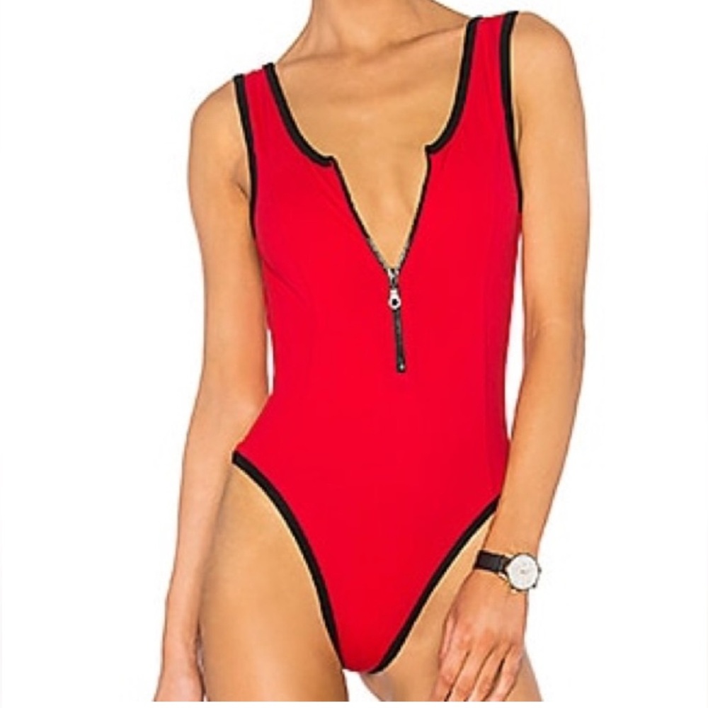 Red & Black Zip-Front Bodysuit from REN Active wear | size: small